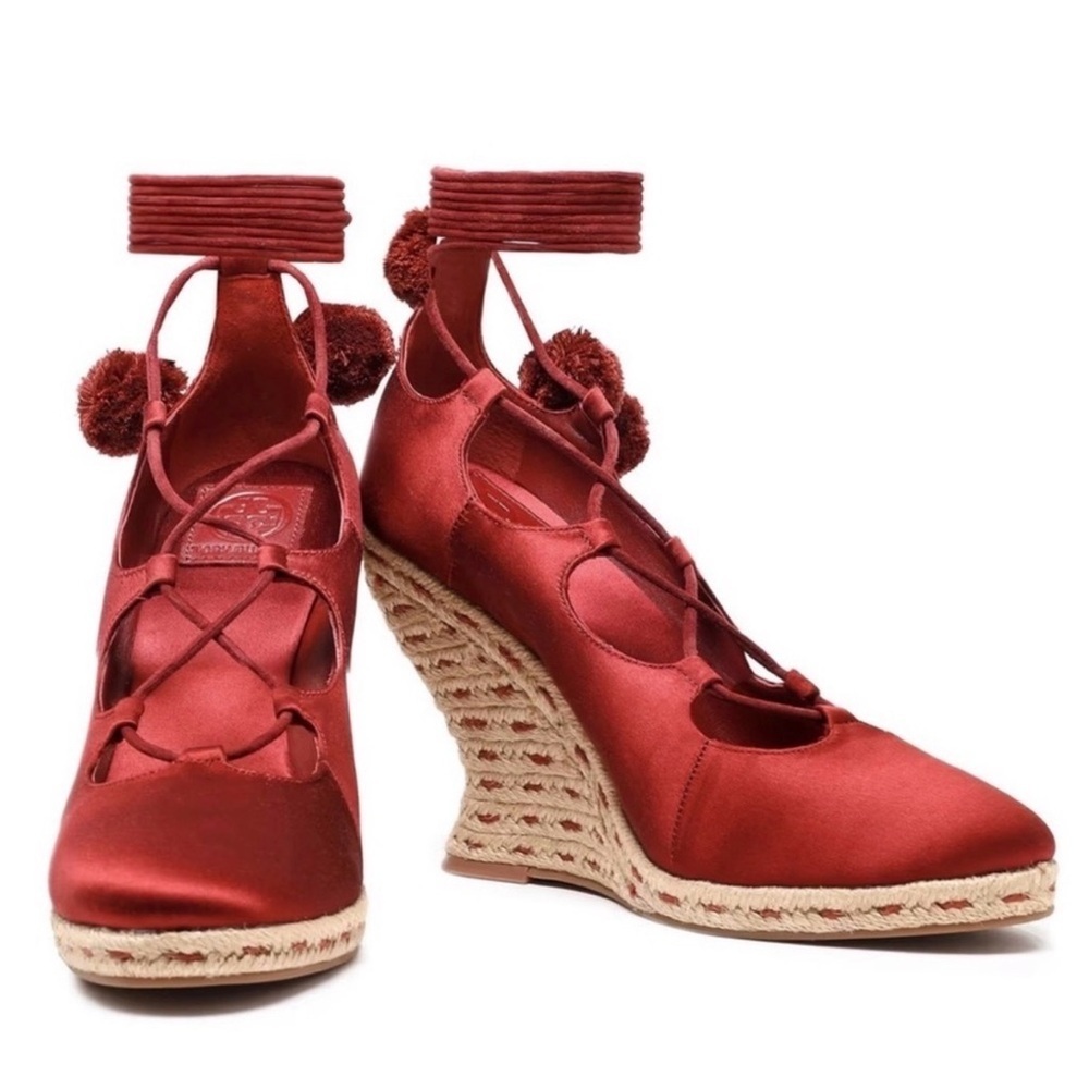 NWOB Tory Burch Heather Satin Pom Pom Lace Up Wedge Espadrilles Spicy Cola 5.5